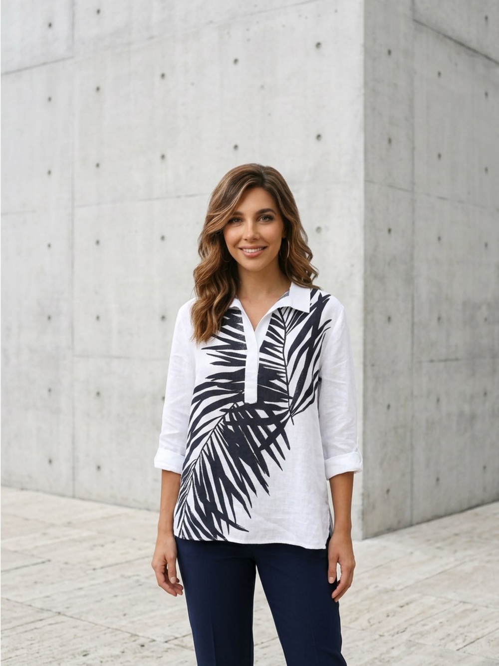 Chicoβs White Palm-Print Collared Linen Top